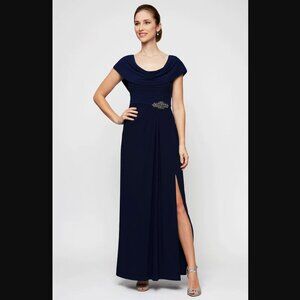 NWT Alex Evenings Celeste A-Line Matte Jersey Dress in Navy Blue Size 14